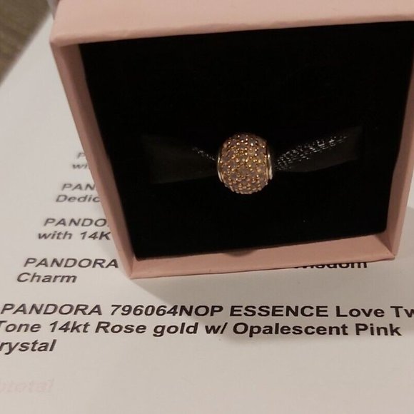 PANDORA *RETIRED SS & 14kt Gold ESSENCE LOVE w/Opalescent Pink Crystal 796064NOP - Picture 2 of 14